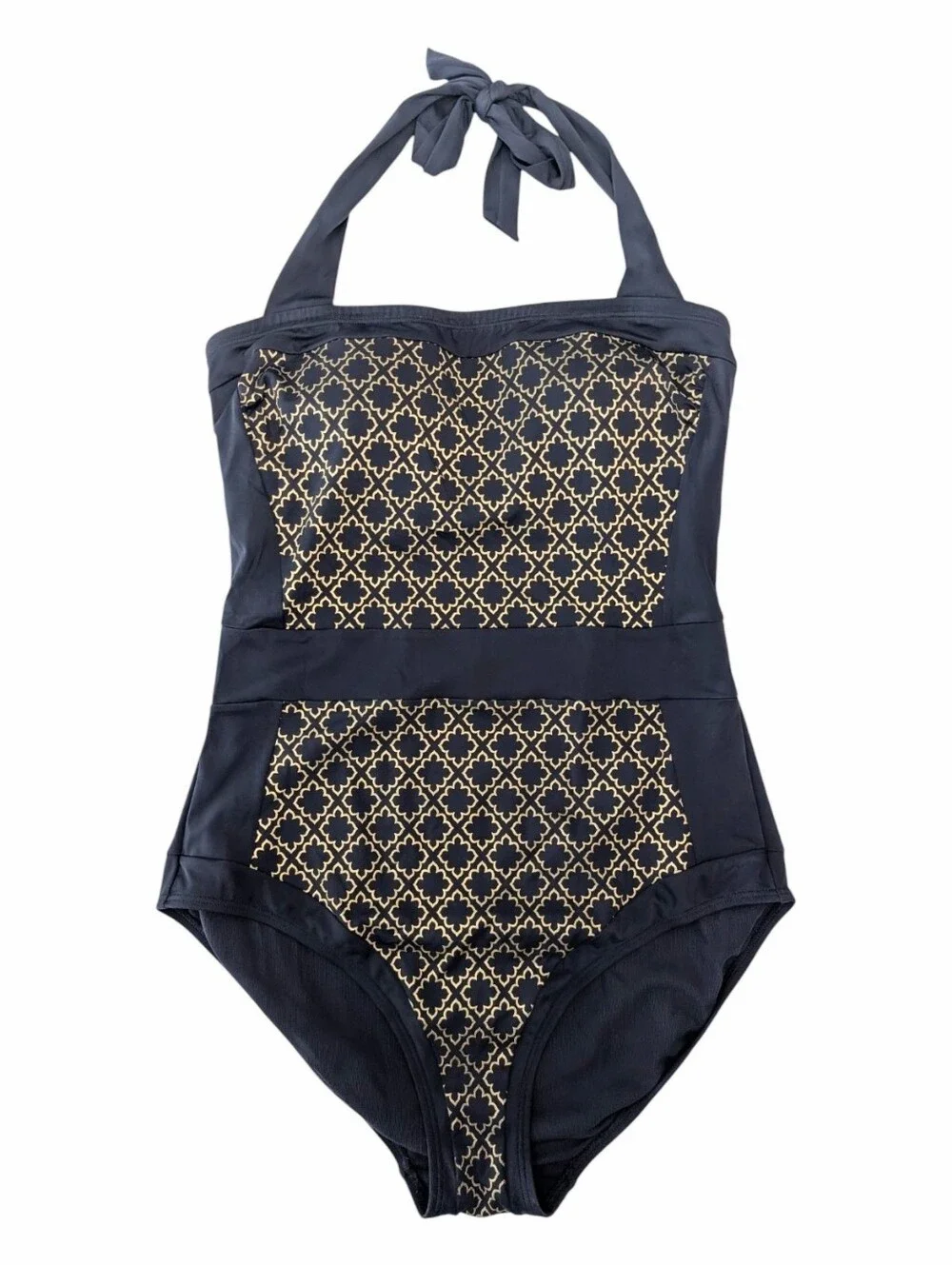Boden Santorini Halterneck Swimsuit Size 10R One Piece Navy Golden Geo Pattern